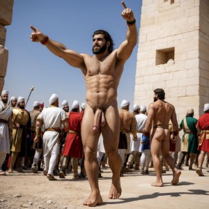 Jerjes 1º del imperio persa en el verano del año -480 marcha a pie. Hay dos luchadores que están desnudos con penes grades y testículos grandes y con mucho vello. Están en Helesponto luchando contra el rey Darío desnudo y de gran pene tieso hacia arriba. 