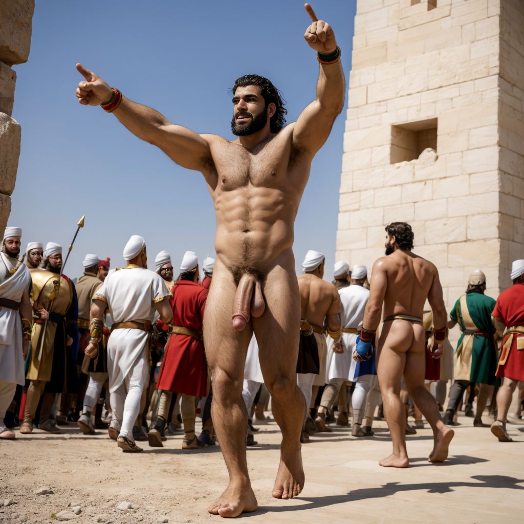 Jerjes 1º del imperio persa en el verano del año -480 marcha a pie. Hay dos luchadores que están desnudos con penes grades y testículos grandes y con mucho vello. Están en Helesponto luchando contra el rey Darío desnudo y de gran pene tieso hacia arriba. 