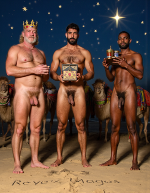 Los Reyes Magos:
Melchor es un hombre de 60 años, tiene una larga cabellera, tiene barba blanca, es de Europa. Está totalmente desnudo pero lleva corona de rey 👑, en sus manos lleva un cofre con oro. Tiene un cuerpo con músculos marcados y definidos. Tiene un pene erecto de 36 cm de longitud y 7 cm de diámetro. Tiene mucho vello corporal blanco. 💪🏼. 

Gaspar es un hombre de 30 años con rasgos asiáticos y una barba rubia, está totalmente desnudo pero lleva una corona de rey 👑, tiene un cuerpo atlético y vigoroso, tiene mucho vello corporal rubio, tiene una bandeja con incienso en sus manos.
Baltasar es un hombre de 45 años de edad proviene de África, tiene piel oscura, es moreno, lleva un tarro de mirra. Tiene cuerpo atlético con músculos muy marcados, tiene mucho vello negro rizado por todo el cuerpo, su cabello es abundante rizado y negro, tiene una barba negra abundante, tiene un enorme pene erecto de 40 cm de longitud y 9 cm de diámetro. 👑🐫🌿 💪🏼.
En el fondo hay tres camellos y la estrella de Oriente, y muchas pequeñas estrellas de colores. En la arena del suelo está escrito: “Reyes Magos” en español.