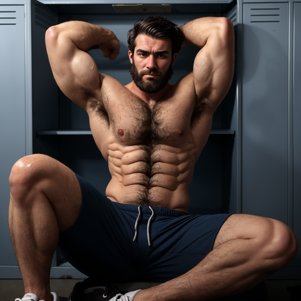 Hombre adulto de 25 años, moreno, parecido a Lazar Stoev, con barba cerrada, cuerpo extremadamente peludo y musculoso, sentado en vestuario deportivo con expresión desafiante. Sobaco expuesto y peludo, deportivas viejas y sucias. Piel muy sudada, vello oscuro en pecho, axilas y piernas. Glande sucio y grande asomando por pantalón, ambiente húmedo y cargado de olor masculino, luz tenue.