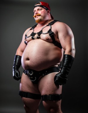 Un hombre barrigón, pelirrojo llevando fetish gear. Arnes, chaps, chaleco, guantes y gorra. Con bigote. Realista. 