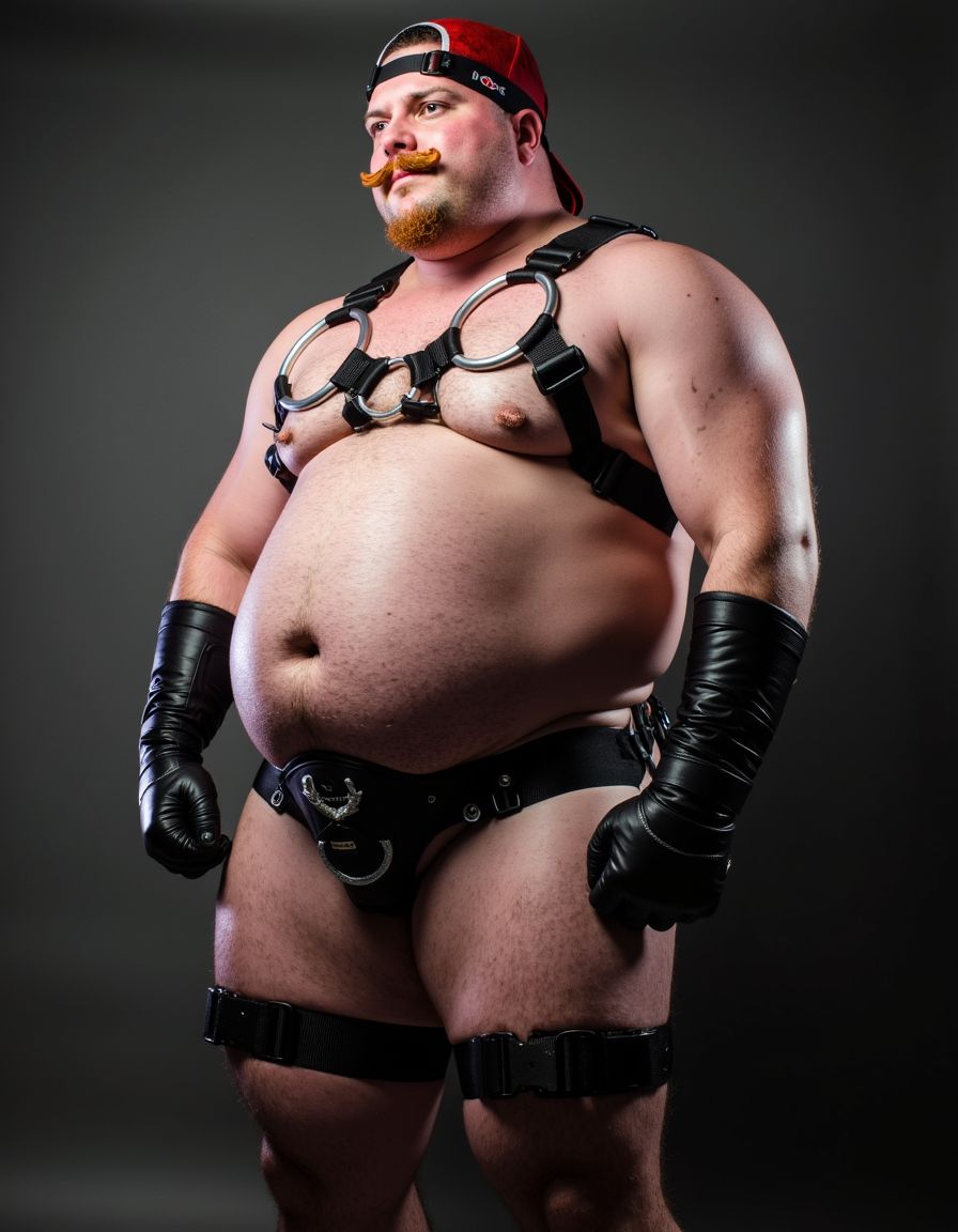 Un hombre barrigón, pelirrojo llevando fetish gear. Arnes, chaps, chaleco, guantes y gorra. Con bigote. Realista. 