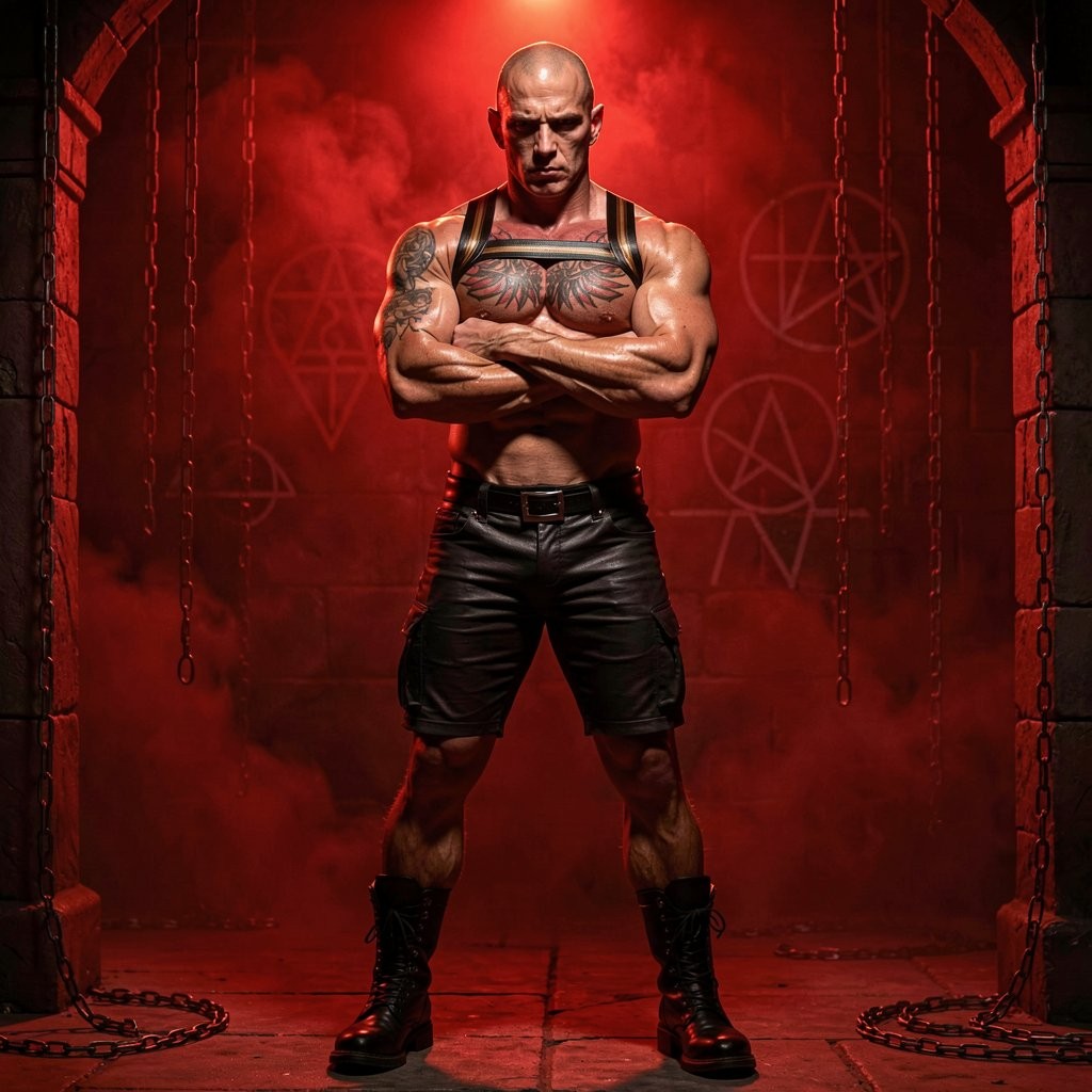 Muscular, bald man with a dominant appearance, standing with his arms crossed and a serious expression, posing on a dark stage illuminated by an intense red light. He wears a black leather harness over his bare torso, tight leather shorts, a belt, and tall black boots, revealing tattoos on his shoulders, defined pectorals, marked abs, and strong legs. The setting has an industrial dungeon or ritual aesthetic, with brick walls, hanging chains, dense red smoke, and esoteric symbols drawn in the background, such as pentagrams and circles, creating an aggressive, theatrical, fetishistic, and supernatural atmosphere.