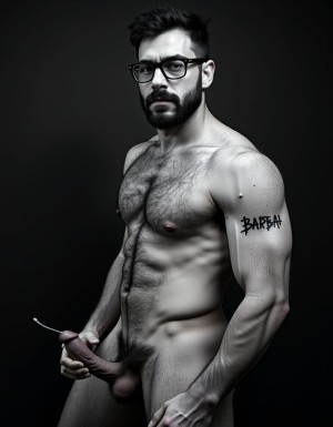 Fotografía hiperrealista en blanco y negro de un hombre adulto musculoso a la vista desde los pies hasta la cabeza, tiene cuerpo muy delgado con músculos marcados y definidos, rostro masculino, está totalmente desnudo con polla erecta de treinta centímetros de longitud y ocho centímetros de diámetro, tiene rasgos marcados duros expresivos, barba densa poblada tupida oscura estilo hipster cubriendo completamente mandíbula mentón mejillas con grosor uniforme textura abundante muy definida, bigote denso tupido oscuro conectado perfectamente con la barba completa cubriendo completamente el labio superior, pelo oscuro medio peinado completamente recto hacia arriba con volumen considerable estilo hipster moderno quiff puntas verticales texturizadas hacia el cielo con altura prominente, cejas gruesas oscuras pobladas muy marcadas definidas, gafas de montura completa negra cuadradas grandes estilo hipster moderno sobre el puente de la nariz enmarcando unos ojos oscuros intensos que miran directamente a cámara con expresión seria penetrante confiada, expresión facial seria masculina sin sonrisa con mirada directa desafiante, pómulos marcados definidos angulares, nariz recta proporcionada, labios medios apenas visibles completamente cubiertos por bigote denso que conecta con la barba hipster completa, torso desnudo muy musculoso con pectorales enormes desarrollados y definidos, hombros anchos musculosos deltoide prominentes, brazos musculosos marcados y bien definidos con bíceps y tríceps marcados visibles a ambos lados del cuerpo, abdomen tonificado marcado visible con cintura delgada marcada, piel con textura realista detallada poros imperfecciones sutiles, vello corporal denso oscuro abundante cubriendo pectorales abdomen brazos hombros con textura natural masculina muy visible. Tiene un  tatuaje en tinta negra en el bíceps del brazo derecho en tipografía negra sans-serif de tamaño mediano y proporcionado de forma clara y legible sobre la piel del bíceps del brazo derecho con las siguientes letras: hipsterbarba. Iluminación dramática lateral direccional que crea contraste alto marcado entre luces brillantes y sombras profundas resaltando la estructura facial angular la barba hipster densa las gafas cuadradas grandes el vello corporal abundante la musculatura del torso los brazos.  Tiene un  tatuaje en tinta negra en el bíceps del brazo derecho en tipografía negra sans-serif de tamaño mediano y proporcionado de forma clara y legible sobre la piel del bíceps del brazo derecho con las siguientes letras: hipsterbarba. Fondo completamente oscuro negro liso uniforme desenfocado sin distracciones, fotografía analógica en color de alto contraste con grano fotográfico sutil visible estilo retrato hipster masculino fitness, enfoque nítido absoluto perfecto en el rostro especialmente en los ojos detrás de las gafas la barba hipster densa el bigote tupido el pelo vertical el vello corporal el torso con músculos muy marcados y muy definidos. Tiene un  tatuaje en tinta negra en el bíceps del brazo derecho en tipografía negra sans-serif de tamaño mediano y proporcionado de forma clara y legible sobre la piel del bíceps del brazo derecho con las siguientes letras: hipsterbarba. Imagen con encuadre vertical desde los pies hasta la cabeza mostrando los pies desnudos las piernas peludas el pene erecto los testículos colgando con su escroto bajo todo el torso peludo los brazos musculosos peludos y la cabeza con pelo oscuro medio peinado completamente recto hacia arriba con volumen considerable estilo hipster moderno quiff puntas verticales texturizadas hacia el cielo con altura prominente, calidad fotográfica hiperrealista 8K máxima definición detalle extremo, renderizado cinematográfico fotorrealista profesional. Tiene un  tatuaje de tinta negra en el bíceps del brazo derecho en tipografía negra sans-serif de tamaño mediano de forma clara y legible sobre la piel del bíceps del brazo derecho con las siguientes letras: hipsterbarba