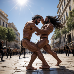 Harmodio y Aristogitón están desnudos. Tienen grandes testículos muy velludos. Luchan en la plaza medieval de Atenas. Se golpean con sus grandes penes. Son musculosos y están delgados y bronceados. Tienen mucho vello por todo el cuerpo. Aristogitón rechaza a Harmodio. ⛓️ 🪵 🍾 🥂 🥃 
