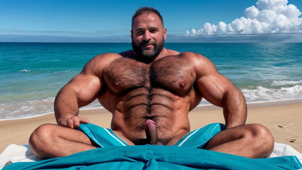 Fotografía panorámica 16:9 en ultra alta definición para imágenes 4K: hombre de 35 años de edad está acostado sobre una toalla en la playa, es delgado, músculos muy definidos y fibrosos delgado, totalmente desnudo con mucho vello por todo el cuerpo, se ven sus testículos hermosos y con mucho vello, cuerpo sudoroso y bronceado.