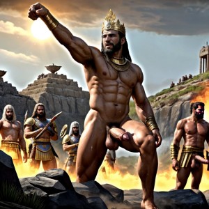 Ejército de Jerjes 1º del imperio persa en el verano del año -480 marcha a pie. Hay cuatro luchadores que están desnudos con penes grades y testículos grandes y con mucho vello. Están en Helesponto luchando contra el rey Darío desnudo y de gran pene tieso hacia arriba eyaculando semen líquido blanco. Delante de de todos está el oráculo de Apolo en Delfos