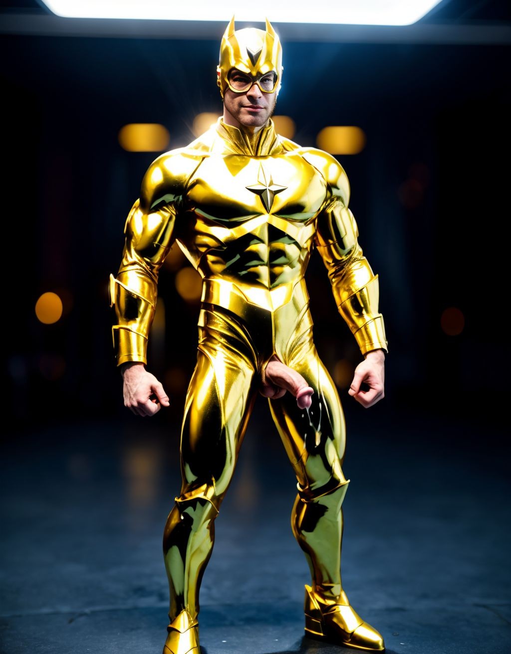  Booster Gold. Tiene el pene grande de donde sale mucho semen líquido blanco. Tiene los testículos grandes y peludos. Está de cuerpo entero y de pie.