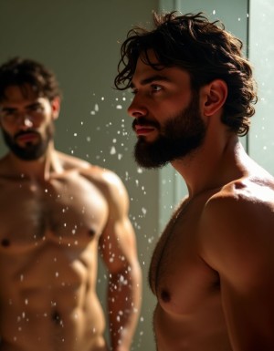 Un hombre semiatlético de 35 años emerge de la ducha completamente desnudo, con su larga melena morena ondulada cayendo por el lateral derecho de su cara de manera sensual. Su barba corta de 3 días brilla con gotas de agua que resaltan su textura, añadiendo un toque de masculinidad a su rostro. Su cuerpo, depilado y bronceado, muestra una piel suave y tonificada, resultado de una dedicación constante al cuidado y el ejercicio físico. 

Su pene, grande y peludo, es una parte destacada de su anatomía, reflejando su masculinidad de manera explícita. Mientras se mueve, su cuerpo bronceado capta la atención, especialmente cuando se gira y su ancha espalda y su culo redondo y prieto son reflejados en el gran espejo que cubre la pared. 

La imagen es hiperrealista, con detalles de alta calidad que permiten apreciar cada gota de agua en su piel, cada pelo de su barba y cada sombra que define su cuerpo. El reflejo en el espejo añade profundidad a la escena, permitiendo al espectador apreciar su cuerpo completamente desnudo desde diferentes ángulos, realzando su belleza masculina y su confianza en su propia piel.