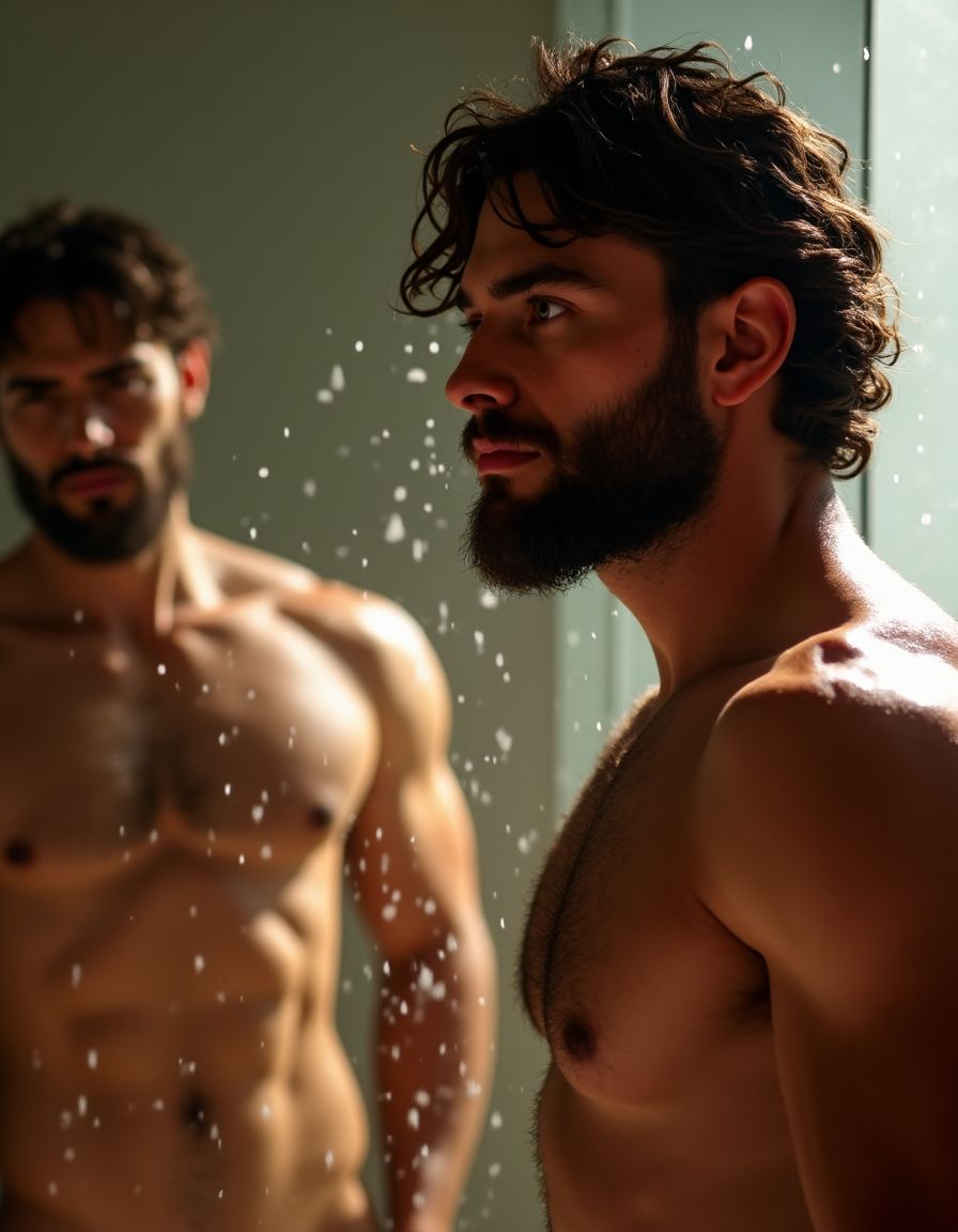 Un hombre semiatlético de 35 años emerge de la ducha completamente desnudo, con su larga melena morena ondulada cayendo por el lateral derecho de su cara de manera sensual. Su barba corta de 3 días brilla con gotas de agua que resaltan su textura, añadiendo un toque de masculinidad a su rostro. Su cuerpo, depilado y bronceado, muestra una piel suave y tonificada, resultado de una dedicación constante al cuidado y el ejercicio físico. 

Su pene, grande y peludo, es una parte destacada de su anatomía, reflejando su masculinidad de manera explícita. Mientras se mueve, su cuerpo bronceado capta la atención, especialmente cuando se gira y su ancha espalda y su culo redondo y prieto son reflejados en el gran espejo que cubre la pared. 

La imagen es hiperrealista, con detalles de alta calidad que permiten apreciar cada gota de agua en su piel, cada pelo de su barba y cada sombra que define su cuerpo. El reflejo en el espejo añade profundidad a la escena, permitiendo al espectador apreciar su cuerpo completamente desnudo desde diferentes ángulos, realzando su belleza masculina y su confianza en su propia piel.