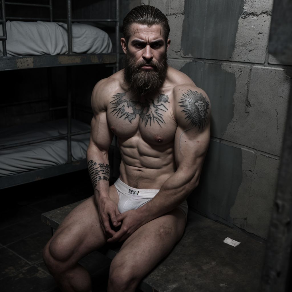 Hombres atractivos y musculosos en ropa interior, sentados en catres metálicos, en una celda de prisión oscura y sombría, con paredes de piedra frías y barrotes de hierro oxidados, iluminación tenue y sombras profundas, expresiones de desesperanza y resignación, ropa interior blanca y gris, cuerpos tonificados y definidos, tatuajes visibles en los brazos y torsos, cabello despeinado y barbas incipientes, ambiente de desolación y abandono, texturas realistas y detalles precisos, iluminación dramática y sombreado intenso.