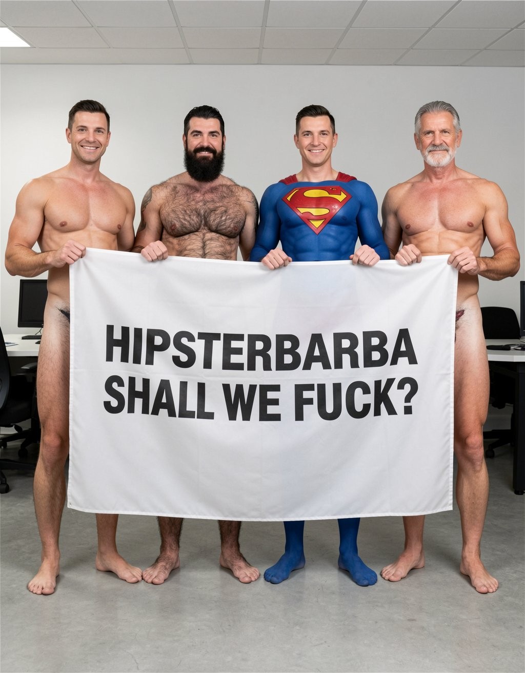 Four naked muscular men holding banner text (Hipsterbarba ámame) ultra high quality 8K photorealistic: El Comandante Spanish military leader 45 years short gray hair stern commanding face muscular trained body 185cm 85kg standing far left holding left edge of banner with both hands completely naked massive erect uncircumcised penis 25cm thick veiny shaft visible below banner heavy balls alpha dominant stance, Soldado Bartolo Spanish soldier 35 years thick dark full beard short hair very hairy muscular chest arms legs groin 180cm 80kg standing center-left holding banner completely naked large erect uncircumcised penis 18cm thick visible hairy balls masculine hairy build playful smirk, Superman alien superhero 195cm 100kg perfect bronzed smooth hairless skin short black hair with characteristic curl bright blue eyes massive superhuman muscles standing center-right holding banner completely naked enormous erect penis 23cm steel hard thick shaft visible smooth heavy balls god-like physique confident smile, General Rodolfo Castaños 60 years short gray military hair thick gray mustache experienced muscular body 175cm 75kg standing far right holding right edge of banner completely naked thick erect penis 20cm visible mature heavy balls military bearing knowing expression, all four men standing in horizontal row full body visible head to feet holding between them large white fabric banner at chest level with bold black letters spelling Hipsterbarba ¿follamos? question mark clearly readable professional typography banner stretched tight all four erect penises balls completely visible below banner military office background professional studio lighting 8K photorealistic resolution masterpiece quality inviting expressions.