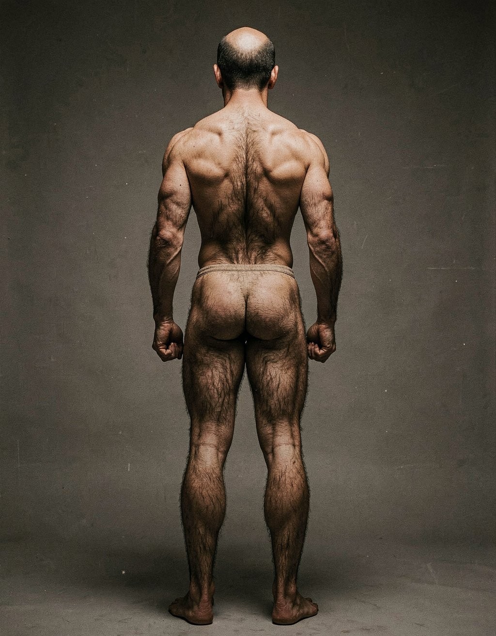 Mike Morris, a 32-year-old extremely lean Caucasian male at only 8% body fat, stands completely naked in a strict military attention pose seen from directly behind in a full posterior view. His back is perfectly straight, shoulders pulled back, arms rigid at his sides with fists clenched, legs straight and together, head held high. The shot captures him from the heels of his feet all the way up to the top of his bald head. His advanced Norwood III-IV baldness is clearly visible from behind, with a smooth tanned scalp on the crown and short dense dark brown hair only on the sides and lower back of the head. His back is highly defined and vascular: wide lats tapering dramatically to a very narrow, tight waist, thick trapezius muscles, and dense dark brown body hair lightly covering the shoulders and becoming much thicker and denser across the lower back and lumbar area, especially between the lats. His ass is tight, muscular and round with almost no fat, the glutes clearly separated. Thick dark hair continues down onto his powerful diamond-shaped calves and the backs of his slightly hairy feet. Dramatic directional studio lighting from above and slightly to the side creates strong highlights on his dry, shredded skin and deep shadows that accentuate every muscle fiber, the texture of his dense back hair, and the extreme vascularity and definition of his 8% body fat physique. Photorealistic, high-contrast, masculine 1970s Colt Studio aesthetic, grainy film texture, commanding and powerful presence.
