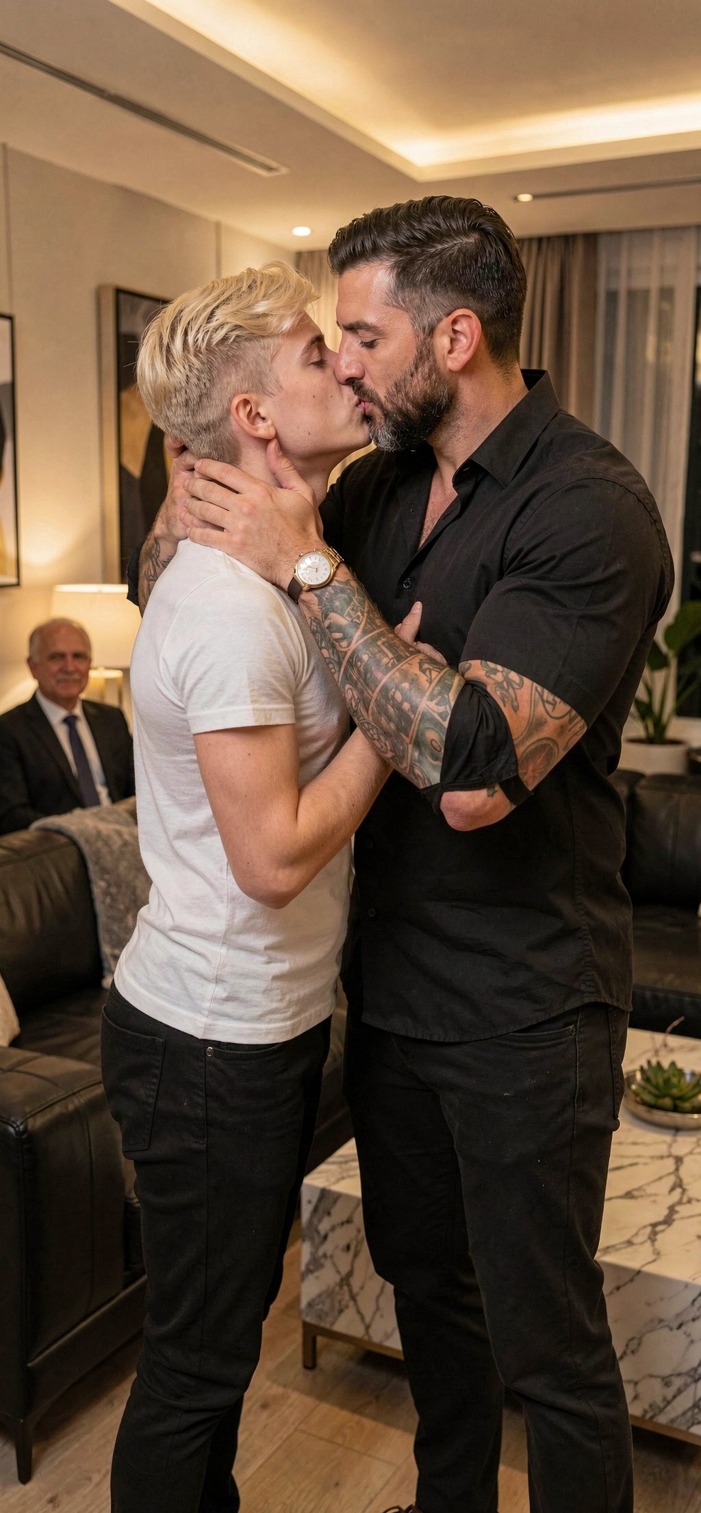 Two men kiss intimately in an elegant hotel lounge or apartment-style room, standing very close to each other. The man on the left, with short blond hair, a tight white T-shirt and dark jeans, rests one hand on the other man's chest, while the man on the right, taller, with a beard, rolled-up black shirt, watch and tattooed arms, gently holds his neck and nape. The scene conveys affection, a gay couple and romance in a warm atmosphere, with dim lighting, a sofa, marble table, curtains and a man in a suit sitting in the background discreetly watching.