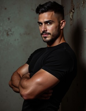 A photorealistic portrait of a dominant masculine man in his early 30s, Spanish features, strong jawline, intense dark eyes, short dark hair with slight stubble beard, muscular build visible through tight black t-shirt, confident smirk, arms crossed over chest showing defined biceps, standing against industrial concrete wall background, dramatic side lighting creating strong shadows, shot from slightly below eye level to emphasize dominance, professional photography quality, 8K resolution, cinematic depth of field