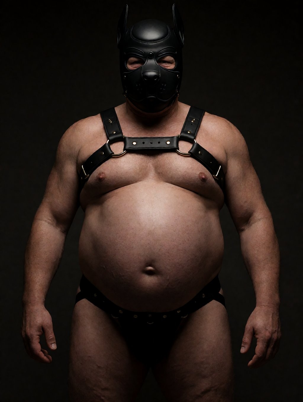 Hombre corpulento de pie frente a un fondo oscuro, fotografiado de cuerpo entero con iluminación tenue y frontal que resalta su torso desnudo, barriga prominente, brazos robustos y piel natural. Lleva una máscara negra de cuero estilo bondage con orejas puntiagudas, aberturas para los ojos y la boca cubierta, además de un arnés negro con correas anchas, hebillas metálicas y remaches sobre el pecho y los hombros. En la parte inferior viste una prenda negra ajustada tipo suspensorio o tanga de cuero con cinturón de tachuelas, que cubre el pene y deja visibles los muslos. La pose es frontal, firme y estática, con estética fetichista, BDSM y dominación visual.