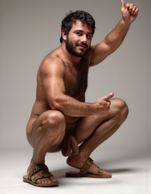 Cocijo es un hombre de Zapoteca, es un señor gobernante del año 600 d.C., en el cerro "La Cantera" de la localidad "San Pablo Huitzo" al norte del "Valle de Etla" en Oaxaca en México, está en la época antigua del “periodo Clásico Tardío” en México.
Está muy delgado y sin grasa en su cuerpo atlético y está totalmente desnudo y tiene sandalias marrón de tiras.
Tiene cara muy masculina con mandíbula cuadrada definida, cuello con tendones marcados, piel bronceada cubierta de una fina capa de sudor brillante.
Tiene torso con pectorales marcados y definidos en tensión con vello oscuro en el centro del pecho, pezones oscuros erectos, abdominales marcados de seis bloques visibles, tiene trail de vello desde el ombligo descendiendo hacia el pubis, tiene brazos en tensión con bíceps y tríceps muy marcados y definidos.
Tiene piernas con cuádriceps marcados y definidos y tensos con los muslos peludos en tensión.
Tiene una polla de treinta centímetros de largo erecta y dura hacia arriba contra su abdomen 10.
Tiene testículos grandes colgando pesados entre sus piernas.
Tiene un pequeño tatuaje con las letras: hisperbarba. Plano lateral derecho. Tensa el brazo derecho hacia arriba para enseñar sus bíceps y saluda con la mano izquierda y sonríe, ahora está agachado.