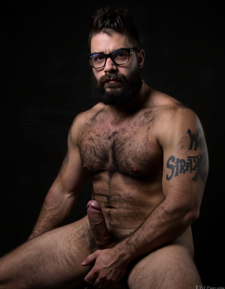 Fotografía hiperrealista de un hombre adulto musculoso a la vista desde los pies hasta la cabeza, tiene cuerpo muy delgado con músculos marcados y definidos, rostro masculino, está totalmente desnudo con polla erecta de treinta centímetros de longitud y ocho centímetros de diámetro, tiene rasgos marcados duros expresivos, barba densa poblada tupida oscura estilo hipster cubriendo completamente mandíbula mentón mejillas con grosor uniforme textura abundante muy definida, bigote denso tupido oscuro conectado perfectamente con la barba completa cubriendo completamente el labio superior, pelo oscuro medio peinado completamente recto hacia arriba con volumen considerable estilo hipster moderno quiff puntas verticales texturizadas hacia el cielo con altura prominente, cejas gruesas oscuras pobladas muy marcadas definidas, gafas de montura completa negra cuadradas grandes estilo hipster moderno sobre el puente de la nariz enmarcando unos ojos oscuros intensos que miran directamente a cámara con expresión seria penetrante confiada, expresión facial seria masculina sin sonrisa con mirada directa desafiante, pómulos marcados definidos angulares, nariz recta proporcionada, labios medios apenas visibles completamente cubiertos por bigote denso que conecta con la barba hipster completa, torso desnudo muy musculoso con pectorales enormes desarrollados y definidos, hombros anchos musculosos deltoide prominentes, brazos musculosos marcados y bien definidos con bíceps y tríceps marcados visibles a ambos lados del cuerpo, abdomen tonificado marcado visible con cintura delgada marcada, piel con textura realista detallada poros imperfecciones sutiles, vello corporal denso oscuro abundante cubriendo pectorales abdomen brazos hombros con textura natural masculina muy visible. Tiene un  tatuaje en tinta negra en el bíceps del brazo derecho en tipografía negra sans-serif de tamaño mediano y proporcionado de forma clara y legible sobre la piel del bíceps del brazo derecho con las siguientes letras: hipsterbarba. Iluminación dramática lateral direccional que crea contraste alto marcado entre luces brillantes y sombras profundas resaltando la estructura facial angular la barba hipster densa las gafas cuadradas grandes el vello corporal abundante la musculatura del torso los brazos.  Tiene un  tatuaje en tinta negra en el bíceps del brazo derecho en tipografía negra sans-serif de tamaño mediano y proporcionado de forma clara y legible sobre la piel del bíceps del brazo derecho con las siguientes letras: hipsterbarba. Fondo completamente oscuro negro liso uniforme desenfocado sin distracciones, fotografía analógica en color de alto contraste con grano fotográfico sutil visible estilo retrato hipster masculino fitness, enfoque nítido absoluto perfecto en el rostro especialmente en los ojos detrás de las gafas la barba hipster densa el bigote tupido el pelo vertical el vello corporal el torso con músculos muy marcados y muy definidos. Tiene un  tatuaje en tinta negra en el bíceps del brazo derecho en tipografía negra sans-serif de tamaño mediano y proporcionado de forma clara y legible sobre la piel del bíceps del brazo derecho con las siguientes letras: hipsterbarba. Imagen con encuadre vertical desde los pies hasta la cabeza mostrando los pies desnudos las piernas peludas el pene erecto los testículos colgando con su escroto bajo todo el torso peludo los brazos musculosos peludos y la cabeza con pelo oscuro medio peinado completamente recto hacia arriba con volumen considerable estilo hipster moderno quiff puntas verticales texturizadas hacia el cielo con altura prominente, calidad fotográfica hiperrealista 8K máxima definición detalle extremo, renderizado cinematográfico fotorrealista profesional. Tiene un  tatuaje de tinta negra en el bíceps del brazo derecho en tipografía negra sans-serif de tamaño mediano de forma clara y legible sobre la piel del bíceps del brazo derecho con las siguientes letras: hipsterbarba