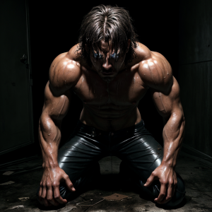 Hombre musculoso con pantalón de cuero desgastado, rodillas en el suelo, mirando hacia abajo con expresión intensa, torso desnudo, piel sudorosa, cabello despeinado, ambiente oscuro y sensual.