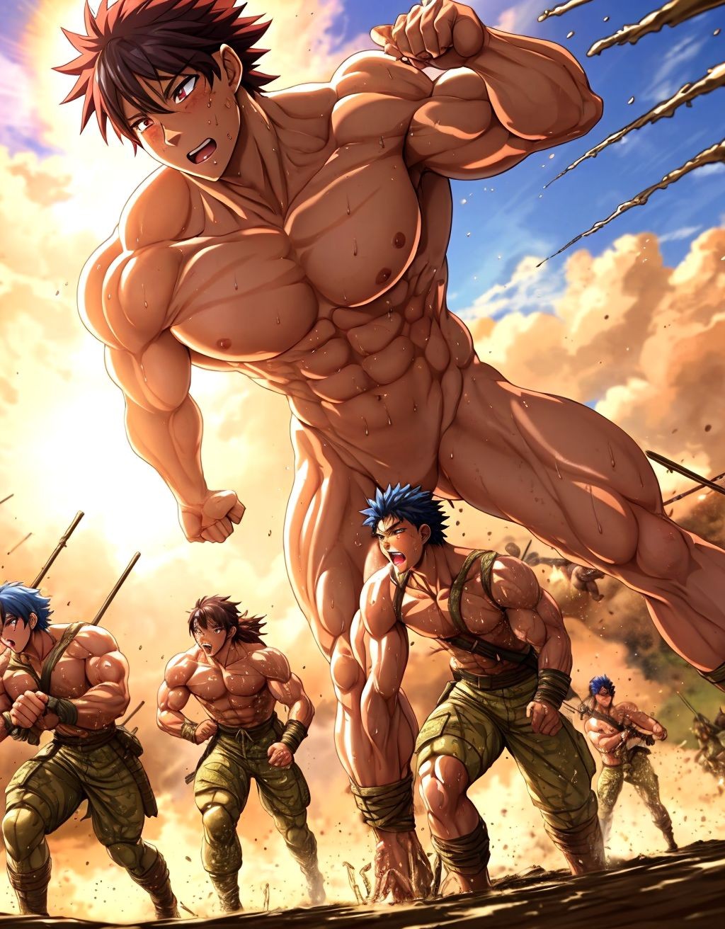 A titanic anime-style warrior dominates a fantastical battle scene, with a naked and extremely muscular body, defined abs, huge pectorals, and a fierce expression as he advances through dust, rocks, and broken spears under a golden sunset sky. At his feet, several smaller combatants run, also very muscular, wearing green military pants, bandages, and harnesses, shouting and wielding improvised weapons amid the chaos. The composition exaggerates the giant’s scale, highlighting his powerful legs, tense arms, and sweaty skin, while the atmosphere of war, destruction, and movement conveys an epic, violent, and dynamic feeling typical of a fantasy action illustration.