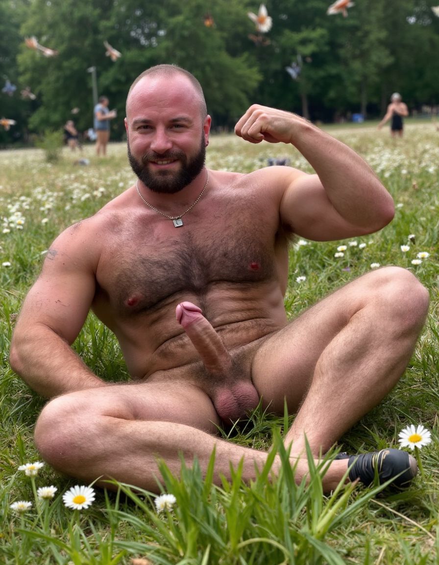 hombre culturista de 35 años posando desnudo de cuerpo completo, sonriente, tensa los bíceps, tiene un pene de 40 cm de longitud y 7 cm de diámetro, tiene grandes dorsales, piernas, tiene cintura estrecha, es un poco calvo, tiene grandes pezones rosas. Tiene un pene de 40 cm de longitud y 7 cm de diámetro. Tiene mucho vello en pecho y brazos y piernas. Tiene testículos de 10 cm de diámetro que están colgando y se mueven al compás de los movimientos del cuerpo. Fondo de muchas margaritas de todos los colores y miles de mariposas volando. Tiene el cuerpo bronceado por el Sol. Está en la hierva rodeado de margaritas. Está sentado y quiere enseñar su ano. Tiene el ano relajado y abierto y a la vista del espectador. Por su pene erecto. Con su mano derecha rodea su pene por su perímetro acariciando el pene con suavidad. Tiene un gran pene erecto y lleva piercings de pezón en los pezones.  (respeta la forma y la proporción del cuerpo y sé fiel a la forma real del cuerpos sin distorsiones) (+10)