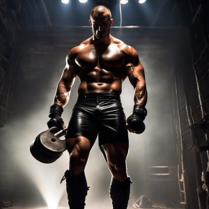 Un hombre calvo y extremadamente musculoso posa de pie en un ambiente oscuro de gimnasio o escenario industrial, iluminado desde arriba por focos intensos que resaltan su torso brillante, pectorales, abdominales marcados, brazos vascularizados y piernas potentes. Lleva pantalones cortos negros de cuero ajustado, guantes negros y botas altas, con una estética dominante y atlética. En una mano sostiene una mancuerna pesada de discos metálicos, mientras mantiene una postura firme y desafiante, mirando hacia abajo con expresión seria. El fondo aparece entre sombras, humo y contraluces dramáticos, con estructuras metálicas y paredes oscuras que refuerzan una atmósfera de entrenamiento duro, fuerza, culturismo, fitness extremo y fotografía cinematográfica de alto contraste.