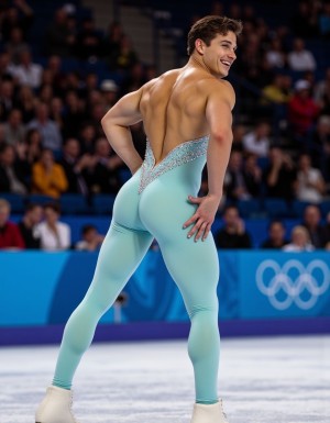 a 25-year-old Olympic male figure skater, with a smooth, tanned complexion and soft, brown hair, green eyes, and full, inviting lips, showcasing a dazzling smile with perfectly white teeth, stands confidently, leaning forward, and smiling over his shoulder, as he intentionally showcases his round, big, bubble butt directly into the camera lens, by bending over a lot. One of his hands is gently resting on his buttock, subtly spreading his cheeks, accentuating the curves of his rear. 

The young man is dressed in a skintight spandex full body suit in pale blue and turquoise colours, adorned with rhinestones and shiny elements, which tightly hugs his body, emphasizing his strong, athletic legs and accentuating the definition of his buttocks, the fabric visibly clinging between his cheeks. 

In the background, the audience is in a frenzy, with some spectators cheering and whistling, clearly enthralled by the figure skater's daring pose and the revealing nature of his costume, while others can be heard shouting derogatory slurs, such as 