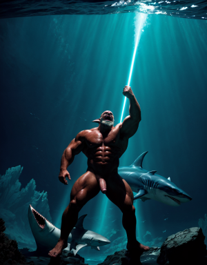 Neptuno es dios de los mares, las tempestades y los vientos. Es un dios iracundo y malhumorado, incluso violento. Está desnudo. Tiene un pene grande y largo. Tiene mucho vello. Está peleando con un tiburón en las profundidades del océano.