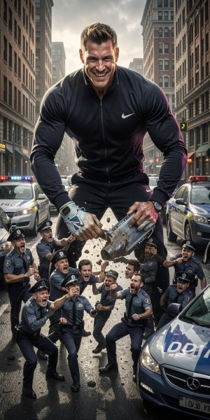 Hiper-realista render, hombre gigante musculoso de 22 años, físico imponente y atlético, vestido con chandal deportivo ajustado y zapatillas Nike de alta calidad, sonriendo con confianza y satisfacción, aplastando a un grupo de hombres diminutos que miden 1cm, policías uniformados con rostros de miedo y desesperación, con sus vehículos y equipo de policía también miniaturizados, en un entorno urbano con edificios y coches a escala normal, iluminación dramática y sombras profundas, texturas detalladas y realistas, foco en la escena de aplastamiento con los policías diminutos intentando escapar, expresiones faciales detalladas y emotivas, ambiente de poder y dominación, renderizado de alta calidad con luces y sombras realistas.