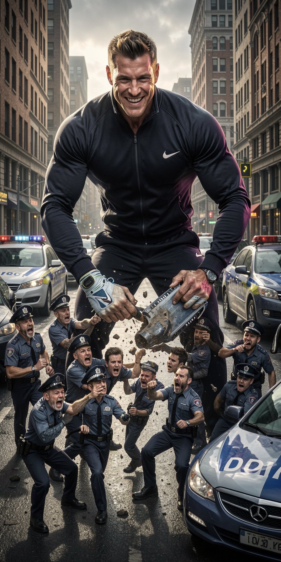 Hiper-realista render, hombre gigante musculoso de 22 años, físico imponente y atlético, vestido con chandal deportivo ajustado y zapatillas Nike de alta calidad, sonriendo con confianza y satisfacción, aplastando a un grupo de hombres diminutos que miden 1cm, policías uniformados con rostros de miedo y desesperación, con sus vehículos y equipo de policía también miniaturizados, en un entorno urbano con edificios y coches a escala normal, iluminación dramática y sombras profundas, texturas detalladas y realistas, foco en la escena de aplastamiento con los policías diminutos intentando escapar, expresiones faciales detalladas y emotivas, ambiente de poder y dominación, renderizado de alta calidad con luces y sombras realistas.