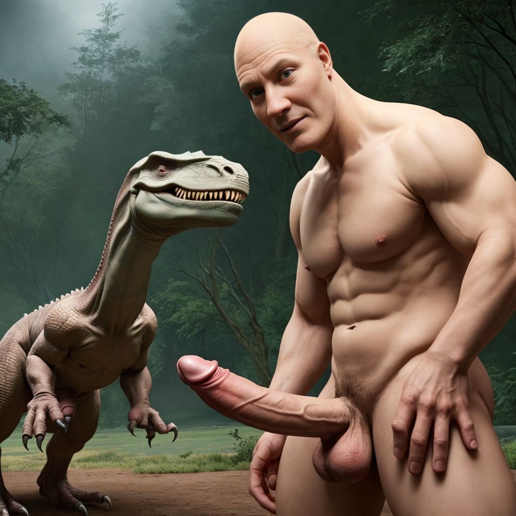 A bald, very muscular man appears naked in a misty jungle, with a defined torso, sculpted abs, and a serious expression looking straight ahead; his erect penis and testicles are visible in the foreground, explicitly emphasized along with his leaning posture. Beside him is a velociraptor-like dinosaur, with pinkish-gray skin, sharp claws, a long neck, and a half-open mouth showing pointed teeth, standing in a damp clearing surrounded by dense vegetation, dark trees, and fog. The scene combines prehistoric fantasy, a naked male body, a jungle environment, and a realistic digital aesthetic with soft lighting and an unsettling tone.
