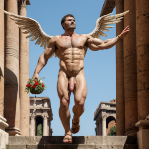 En el año 49 a.C., Julio César desnudo con penen grande. Está por las calles de la ciudad de Roma. Julio César desnudo, con pene grande, camina por las calles de Roma, mientras Cneo Pompeyo Magno, bronceado y con testículos peludos, muestra su bíceps derecho con orgullo, rezando al cielo con un aro luminoso y alas blancas azuladas, destacando sus genitales velludos, sandalias, monedas esparcidas, arañas y geranios. Salta hacia arriba subiendo al cielo despidiéndose de todos