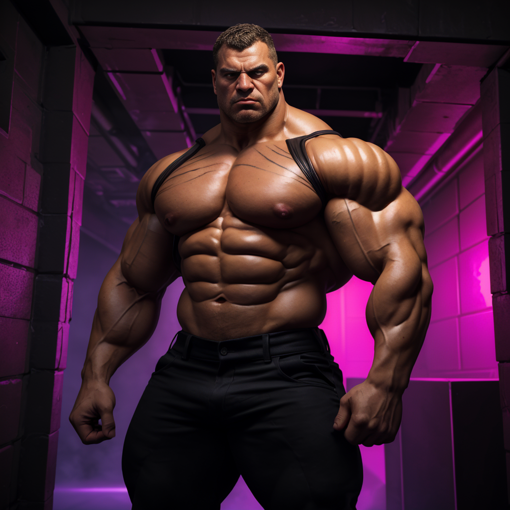 An extremely muscular man poses facing forward in a dark hallway with fuchsia and violet neon lighting, creating a futuristic and dramatic atmosphere. His bare torso stands out with enormous pecs, very defined abs, disproportionately large shoulders, and vascular arms, with the aesthetic of a hyperrealistic bodybuilder or video game character. He wears tight black pants and black suspenders hanging over his shoulders, while keeping his fists clenched and a serious, intimidating expression. The block walls, deep shadows, and magenta glow in the background reinforce the industrial, powerful, and cinematic look of the scene.