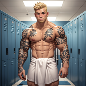 hombre de 21 años, rubio, muy marcado, con varios tatuajes en los brazos y el pecho, está de pie en el vestuario de un gimnasio, solo lleva una toalla blanca enrollada en la cintura, ambiente moderno de gimnasio, taquillas metálicas al fondo, iluminación fría, gesto provocativo, físico atlético, sin ropa excepto la toalla, detalle en los músculos y tatuajes, realista, explícito, mirada desafiante.