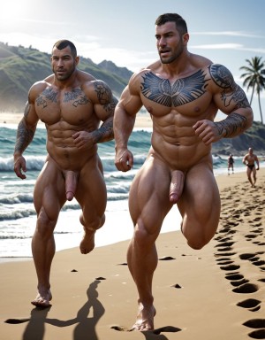 Tres soldados de caballería, desnudos musculosos y muy tatuados, de 30 años de edad, disfrutan de su día de descanso haciendo deporte en una playa del Pacífico, están corriendo en la orilla del mar, están desnudos y mostrando su grandes penes y hermosos testículos. Tienen mucho vello por todo el cuerpo. Hay mucha luz solar alumbrando todo el ambiente. Sus genitales se mueven hacia los lados chocando con sus muslos de las piernas