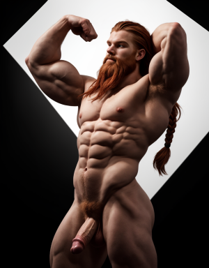 Hombre nórdico de 25 años, cabello rojizo largo, barba tupida trenzada, musculoso y atlético, desnudo, pene visible, posa en fondo negro con iluminación dramática, brazo derecho extendido, brazo izquierdo flexionado, cabeza girada hacia arriba con confianza, sombras profundas acentúan su físico.