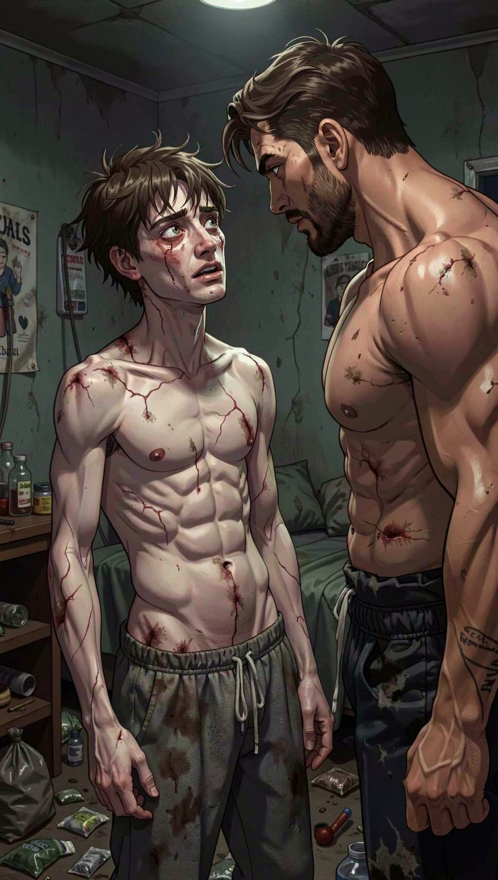Two young men, shirtless and covered in wounds, dried blood, and bruises, face each other very closely in a dark, neglected room. The shorter one, extremely thin and pale, wears stained sweatpants and looks upward with an exhausted and vulnerable expression; he has cuts on his face, torso, and arms. In front of him, a tall, muscular, bearded man tilts his head with a stern expression, showing scratches and bloodstains on his chest, shoulders, and abdomen. Around them are deteriorated walls, trash, bottles, containers, and a crowded sink or table, creating a tense atmosphere of violence and survival.