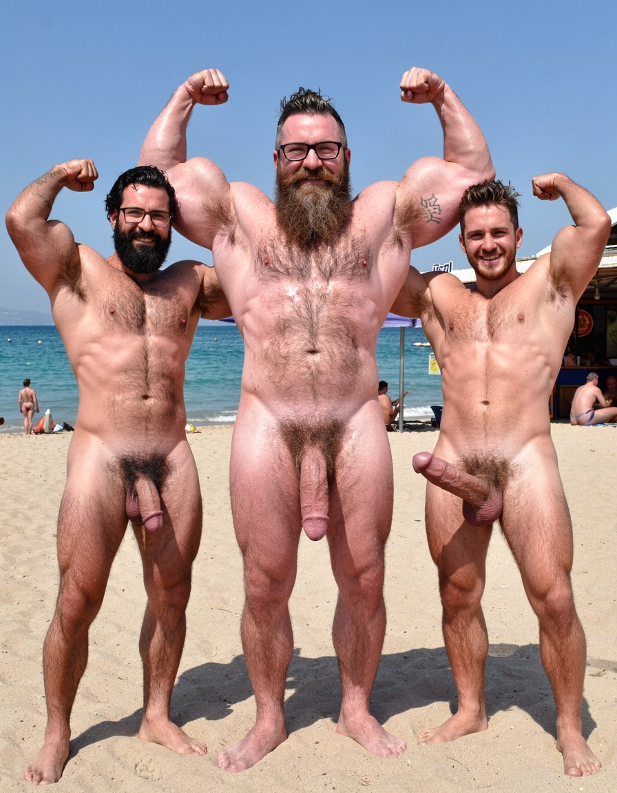 Fotografía hiperrealista tomada al mediodía en la arena de El Playazo, Vera Playa, Almería, justo delante del chiringuito El Pirata. Los tres estáis completamente desnudos, de pie uno al lado del otro, sin ninguna pancarta ni cartel. Erik y Ferran os colocáis a cada lado de Hipsterbarba, los tres mirando directamente a la cámara con sonrisas amplias y cara de satisfacción. Tenéis los brazos levantados en pose de doble bíceps, flexionando con fuerza para enseñar los músculos tensos y vascularizados mientras el sol del mediodía hace brillar vuestra piel ligeramente sudada.

Hipsterbarba estás en el centro: 40 años, 1,80 m, 80 kg, 8% de grasa, six-pack completamente seco y muy marcado con línea alba visible, pectorales redondeados y separados cubiertos de vello negro denso, trail de vello oscuro desde el ombligo hasta el pubis espeso, hombros anchos, brazos musculosos y venosos, barba Bandholz larguísima y perfectamente cuidada que llega casi al ombligo, bigote poblado con puntas largas curvadas en espiral hacia arriba, gafas de pasta negra, pelo en high fade undercut, pequeño tatuaje “hipsterbarba” en la región braquial del brazo derecho, polla gruesa y hermosa de 19 cm semierecta con prepucio parcial y glande rosado visible, huevos grandes y peludos colgando pesados. Flexionas con orgullo los bíceps mientras tu polla se balancea ligeramente.

A tu izquierda está Erik: 38 años, complexión fuerte, barba negra espesa, músculos bien definidos y peludos, polla gruesa de 19 cm también semierecta y visible, huevos colgantes. Flexiona los brazos con fuerza y sonríe con confianza.

A tu derecha está Ferran: 36 años, barba castaña más corta, cuerpo atlético y peludo, polla de 17 cm semierecta, huevos visibles. Flexiona los bíceps y muestra una sonrisa alegre.

Los tres tenéis las pollas y huevos completamente expuestos, el vello corporal brillando bajo el sol, y detrás se ve el mar turquesa y la terraza del chiringuito El Pirata con algunos nudistas observando. Iluminación perfecta de mediodía, texturas hiperrealistas de piel, sudor, vello individual y músculos marcados. Imagen nítida, corregida y mejorada con mayor detalle en los cuerpos y en la expresión de orgullo masculino.