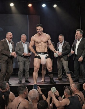 2 boys muy musculosos y prostitutos, jóvenes, están  sobre un escenario bailando en posturas sexys, iluminados por focos,  llevan tangas de cuero y muestran sus paquetes abultados y sus culos turgentes, sus culos redondeados y blancos, frente al escenario varios  hombres mayores, muy excitados, gritando y con la lengua fuera, con cara de vicio,  les ofrecen dinero e intentan tocar sus paquetes duros y prominentes