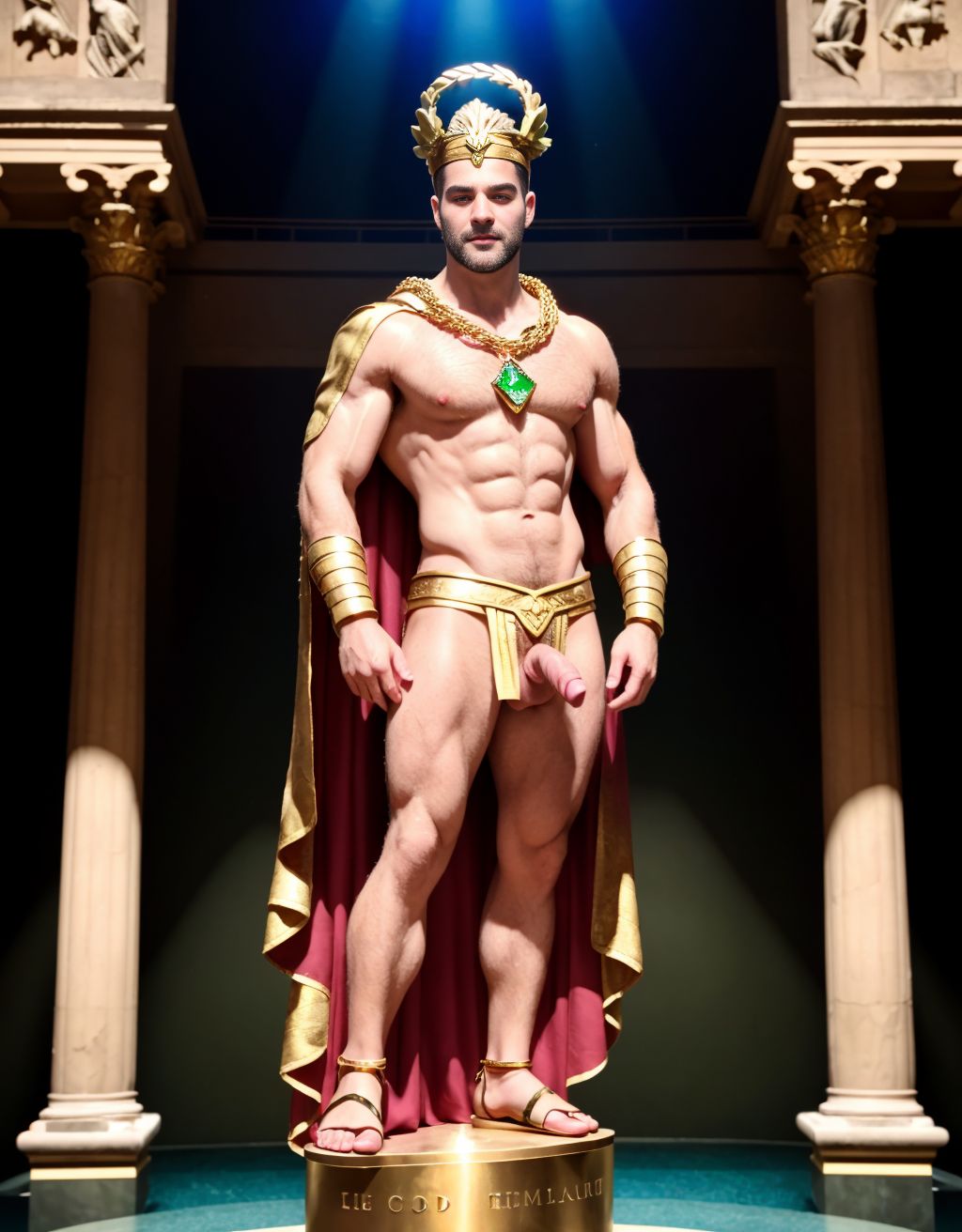 El dios Priapo de Pompeya está desnudo de pie. Es delgado y muy alto. Está en el museo de Nápoles. Tiene un pene grande y erecto. Tiene mucho vello por todo el cuerpo. Tiene sandalias en los pies. Tiene músculos muy definidos. Tiene una corona de laurel. Levanta una mano para saludar al público. El cuerpo está iluminado con focos de luz blanca. Tiene los ojos verdes. Tiene una cadena brillante en los pies. Tiene mucho vello en el pecho. Tiene una capa de oro sobre su espalda. Tiene boca abierta. Tiene sandalias en los pies. Está de perfil. Está de lado. Tiene las uñas de los pies pintadas de verde.