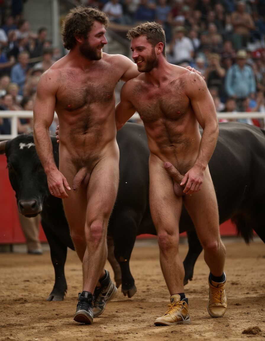 Un torero español musculoso y velludo de 50 años, con torso atlético y marcado, se muestra completamente desnudo, destacando su pene de 30 cm de longitud y 5 cm de grosor, perfectamente formado y rodeado de un denso vello púbico castaño oscuro. Sus testículos, perfectamente formados, cuelgan de forma prominente. La piel bronceada y sudorosa resalta su musculatura definida, con pectorales y abdominales bien marcados y sin grasa. El cabello largo y castaño oscuro está despeinado y sudoroso, con gotas de sudor resbalando por su frente y mejillas. Una barba incipiente y un vello corporal denso que se extiende por su pecho, piernas y brazos completan su apariencia viril. Lleva zapatillas doradas en sus pies.

A su lado, un hombre musculoso y velludo de 30 años, completamente desnudo, muestra un pene de 30 cm de longitud y 4 cm de grosor, hermoso y perfecto, rodeado de un denso vello púbico pelirrojo. Su piel bronceada y sudorosa muestra una musculatura definida, con pectorales y abdominales muy marcados. Tiene cabello pelirrojo despeinado y sudoroso. Tiene una barba pelirroja densa pero bien recortada. El vello corporal pelirrojo denso cubre su pecho, y tiene mucho vello pelirrojo en sus piernas y brazos, lo que realza su apariencia masculina y atlética. Están andando en la plaza de toros con un toro salvaje. Se aman

Ambos hombres se encuentran en una plaza de toros, con sombras que resaltan su musculatura y vello corporal, creando un ambiente sensual y cargado de tensión. Están en pleno acto de pasión, con sus penes erectos y testículos prominentes ,destacando su musculatura, vello corporal y atributos viriles en una imagen impactante y llena de energía. La escena está llena de sensualidad y poder, con los dos hombres como protagonistas, en un ambiente cargado de pasión y erotismo. La imagen es híper realista, con detalles de alta calidad, y muestra la unión de los dos hombres en un acto de pasión y dominio, con sus cuerpos musculosos y velludos completamente desnudos y visibles, mostrando su excitación y pasión en cada detalle. Tienen sus penes erectos. Están totalmente desnudos. Tienen un pene de 40 cm de longitud y 7 cm de diámetro. Son felices y sonríen.