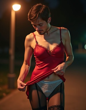 Un hombre de 50 años con piel clara y delicada, pelo corto castaño, SIN barba, viste un atuendo femenino compuesto por bragas de encaje celestes visibles debajo de un par de pantyhoses negras de nylon con encajes transparentes que cubren sus piernas, mostrando un contraste entre la delicadeza del encaje y la oscuridad del nylon. Un vestido de lycra elástico rojo satinado con encajes, previamente usado por una mujer mayor, se ajusta a su cuerpo de manera que resalta sus curvas inesperadas, el chico levanta el vestido por encima de la cadera de manera que se ven las bragas manchadas con flujo visible DE LA MUJER QUE LAS LELVO, lo que agrega un elemento de realismo y vulnerabilidad a la escena. La ropa está impregnada con olor a sudor y flujo de vagina, lo que se nota en la imagen y se refleja en la expresión de incomodidad del hombre. El hombre, con una mirada evasiva y la cabeza gacha, muestra una pose sumisa, con los hombros caídos, mientras la ropa de mujer parece pegada a su piel, resaltando su incomodidad y vergüenza. La escena, iluminada por la luz íntima y cálida del atardecer junto a una farola, es hiperrealista, con detalles de alta calidad que permiten apreciar la textura de la ropa, las manchas de uso y el flujo visible, creando sombras y resaltos que enfatizan la sensación de intimidad y vulnerabilidad del hombre, y resaltan la delicadeza de su piel y la oscuridad de su situación.