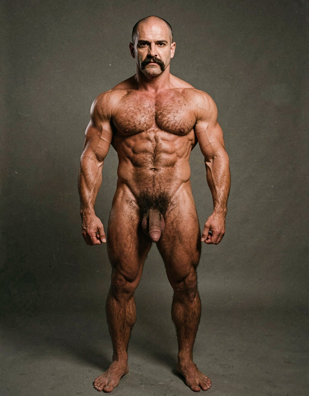 Mike Morris, a 32-year-old Caucasian male with an extremely lean and athletic physique at only 8% body fat, stands completely naked in a strict military attention pose. Full body frontal shot from the tips of his toes to the top of his head. His body is young, dry, and highly defined with sharp muscle separation, visible vascularity, and a very narrow waist. He has advanced Norwood III-IV male pattern baldness with a shiny tanned scalp on top and only short dark brown hair on the sides and back. His face is serious and commanding: square angular jaw, prominent cheekbones, thick dark handlebar mustache, heavy brows, and intense deep-set brown eyes. His massive square pectorals are pushed forward, covered in dense dark brown chest hair that forms a classic thick T-pattern running down the sternum and spreading over his sharply carved six-pack abs. Small dark nipples sit low on the pecs. A prominent trail of dark hair leads to an extremely dense, curly, dark brown pubic bush that climbs almost to his navel. His thick 14 cm flaccid cock hangs heavy over large, low-hanging, hairy testicles, the shaft skin noticeably lighter than his bronzed body. Powerful veined forearms, developed traps, defined quadriceps with clear separation, diamond-shaped calves, and slightly hairy feet complete his figure. He stands perfectly straight, chest out, shoulders back, arms rigid at his sides with fists clenched, head high and gaze fixed forward. Dramatic directional studio lighting from above and slightly to the front creates strong highlights on his dry, vascular skin and deep shadows that accentuate every muscle fiber, the texture of his dense body hair, and the extreme definition of his 8% body fat physique. Photorealistic, high-contrast, 1970s Colt Studio masculine aesthetic, grainy film texture.