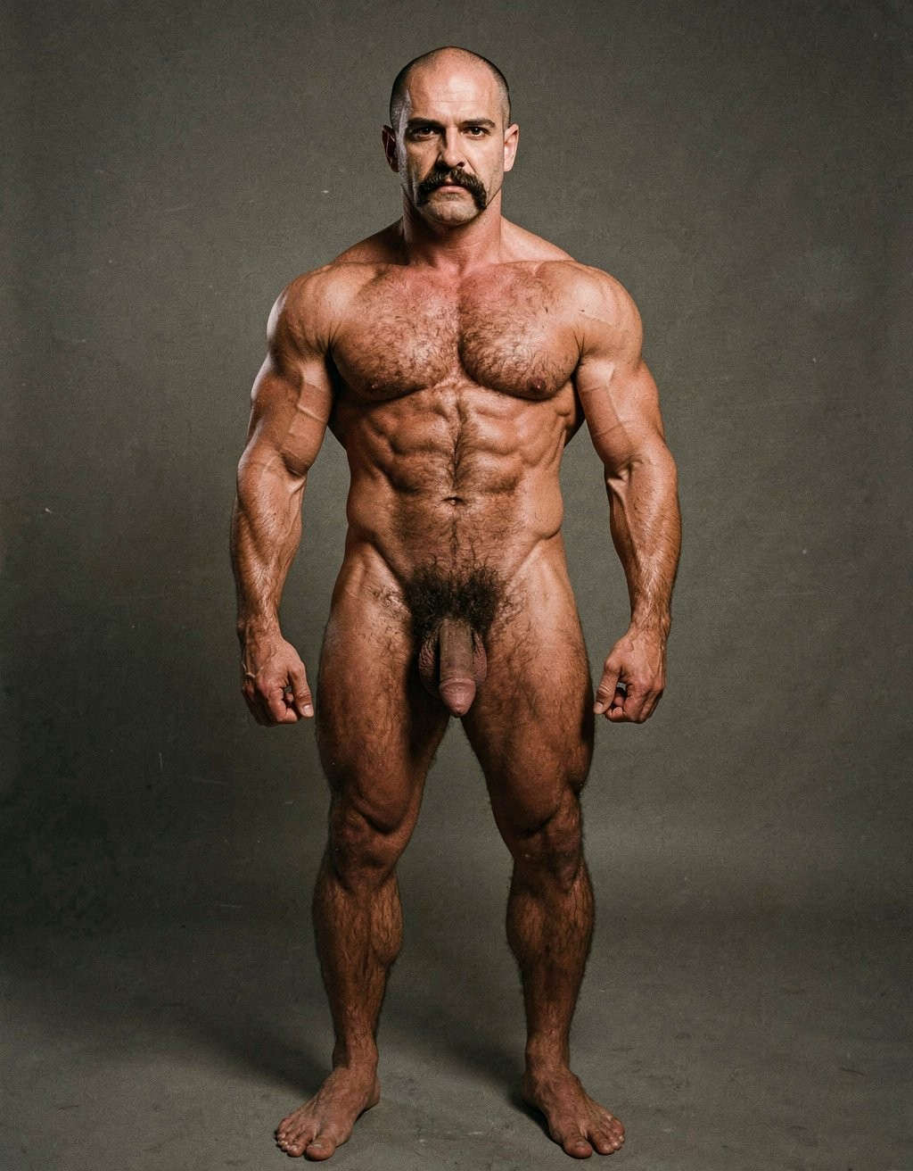 Mike Morris, a 32-year-old Caucasian male with an extremely lean and athletic physique at only 8% body fat, stands completely naked in a strict military attention pose. Full body frontal shot from the tips of his toes to the top of his head. His body is young, dry, and highly defined with sharp muscle separation, visible vascularity, and a very narrow waist. He has advanced Norwood III-IV male pattern baldness with a shiny tanned scalp on top and only short dark brown hair on the sides and back. His face is serious and commanding: square angular jaw, prominent cheekbones, thick dark handlebar mustache, heavy brows, and intense deep-set brown eyes. His massive square pectorals are pushed forward, covered in dense dark brown chest hair that forms a classic thick T-pattern running down the sternum and spreading over his sharply carved six-pack abs. Small dark nipples sit low on the pecs. A prominent trail of dark hair leads to an extremely dense, curly, dark brown pubic bush that climbs almost to his navel. His thick 14 cm flaccid cock hangs heavy over large, low-hanging, hairy testicles, the shaft skin noticeably lighter than his bronzed body. Powerful veined forearms, developed traps, defined quadriceps with clear separation, diamond-shaped calves, and slightly hairy feet complete his figure. He stands perfectly straight, chest out, shoulders back, arms rigid at his sides with fists clenched, head high and gaze fixed forward. Dramatic directional studio lighting from above and slightly to the front creates strong highlights on his dry, vascular skin and deep shadows that accentuate every muscle fiber, the texture of his dense body hair, and the extreme definition of his 8% body fat physique. Photorealistic, high-contrast, 1970s Colt Studio masculine aesthetic, grainy film texture.