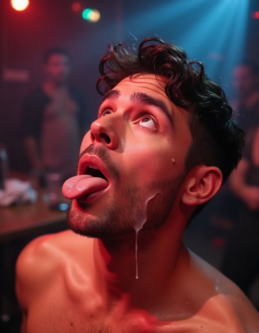 A young shirtless man appears in the foreground under red and blue disco lights, his face tilted upward, eyes raised, and mouth open as he sticks out his tongue provocatively. His dark, curly hair is messy, his skin shines with sweat, and a thick line of saliva runs from his cheek down to his neck, reinforcing an intense, wet, nocturnal aesthetic. The blurred background shows several people among shadows, tables, and ambient lights, creating a party scene, nightclub setting, and sensual atmosphere, with an ecstatic expression, dramatic lighting, and cinematic focus on the face and bare shoulders.