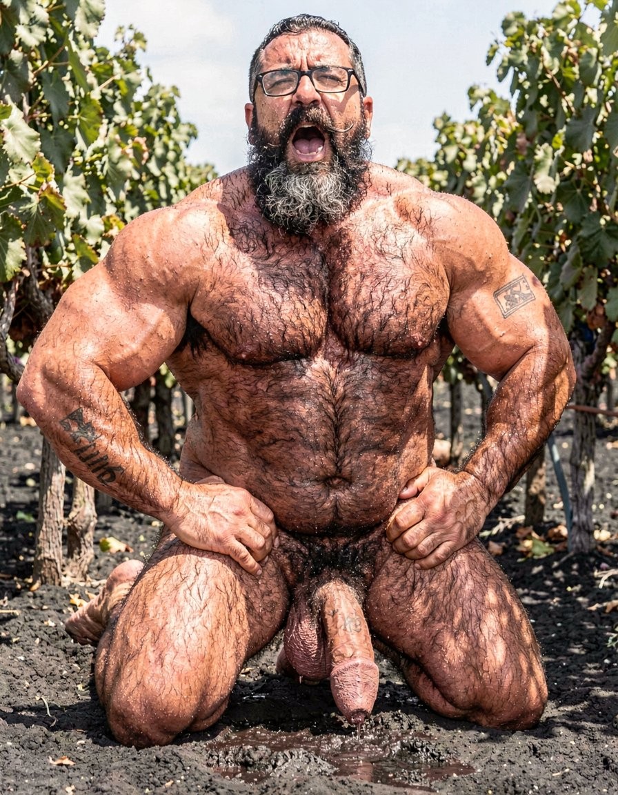 A raw ultra-detailed full-body photograph in the blazing Mediterranean sun of a Santorini volcanic vineyard. Hipsterbarba, 45 years old, dominant and extremely hairy, stands powerfully behind Dimitris completely naked except for his black pasta glasses. His long salt-and-pepper hipster beard, thick chest and abdominal hair, and ultra-defined fibrous physique at 8% body fat are covered in sweat. He grips Dimitris’ hips with both strong hands and is buried balls-deep inside him, thick veiny cock stretching the hairy hole wide open.

Dimitris, 32, pure Mediterranean stud with dark bronzed skin, shaved sides with short dense jet-black hair on top, thick long black beard connected to a heavy mustache, strong angular face, thick dark eyebrows and predatory eyes. His competition-ready body at 5% body fat is insanely muscular and covered head to toe in thick black body hair: massive pecs, deep hairy cleavage, eight-pack abs under dense fur, huge veiny arms with the small “hipsterbarba” tattoo on the right biceps, powerful V-taper, round hairy glutes spread wide, and extremely hairy thighs and calves. He is on all fours like a beast on the black volcanic soil between the Assyrtiko vines, back sharply arched, ass pushed up high, mouth open in a deep moan, eyes half-closed in pleasure. His own thick heavy cock is rock-hard and dripping precum onto the dirt, heavy hairy balls swinging with every thrust.

Both men are shown entirely from head to toe with no cropping. Bright harsh sunlight creates strong highlights on their sweaty, extremely hairy and vascular bodies. The penetration is shown in explicit detail, with Dimitris’ hairy hole stretched tight around the thick shaft. Lush green vines and black volcanic earth surround them. Ultra photorealistic, extremely explicit dominant breeding scene, raw masculine tension, maximum detail on muscle, dense black body hair, sweat, facial expressions and deep anal penetration, natural cinematic lighting, full uncropped vertical composition.