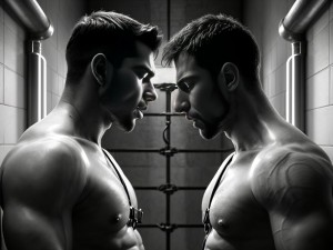 Dos hombres atrapados en una celda, ambos usando arneses de cuero que realzan sus músculos. Desde una perspectiva en primera persona, se puede ver cómo uno de ellos se inclina, ofreciéndose con deseo, mientras el otro se prepara para dar placer, sus labios rozando delicadamente la piel. La atmósfera es cargada de tensión y pasión, con sombras dramáticas que juegan en las paredes de la celda.
