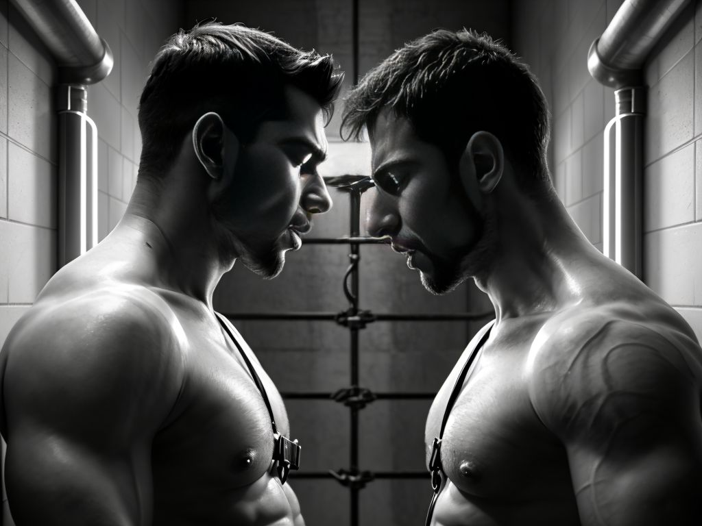Dos hombres atrapados en una celda, ambos usando arneses de cuero que realzan sus músculos. Desde una perspectiva en primera persona, se puede ver cómo uno de ellos se inclina, ofreciéndose con deseo, mientras el otro se prepara para dar placer, sus labios rozando delicadamente la piel. La atmósfera es cargada de tensión y pasión, con sombras dramáticas que juegan en las paredes de la celda.