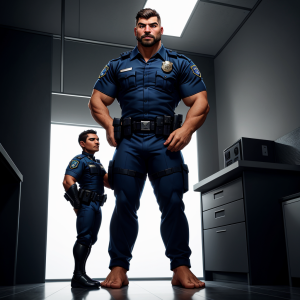 policía gigante sin camiseta, musculoso y dominante, piel brillante, de pie en una habitación con luz artificial, pies grandes y descalzos en primer plano, enfoque en los detalles de las plantas y los dedos, tres policías diminutos de sólo 1mm a sus pies, admirando o temblando, contraste extremo de tamaños, textura realista en la piel y los uniformes miniatura, ambiente de comisaría o sala de interrogatorio, imagen detallada, sin ropa de la cintura para arriba, máxima claridad en los pies y escala entre personajes