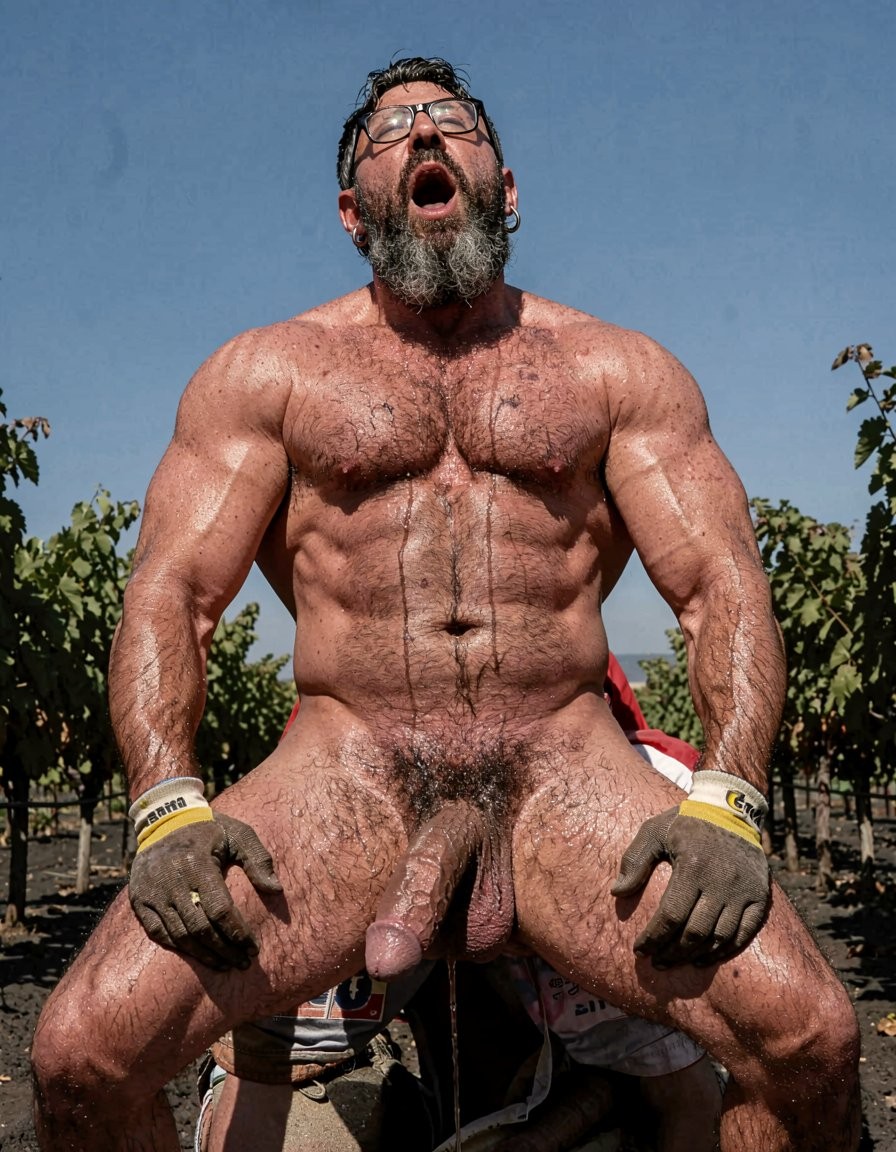 In the harsh direct midday Mediterranean sunlight of a Santorini vineyard on black volcanic soil between rows of Assyrtiko vines, the powerfully built 32-year-old Greek worker Dimitris remains crouched extremely low like an animal with knees planted deep in the dark earth, thick muscular legs spread wide, head thrown completely back staring at the bright blue sky with mouth open in raw pleasure, thick black beard pointing upward, short jet-black hair with sharp faded sides, silver hoop earring, and dense black body hair matted with sweat across his competition-level physique at 5% body fat. He is completely naked except for grey work gloves with yellow and white stripes, aggressively pulling his hard round hairy glutes apart with both gloved hands to fully expose his dark wrinkled asshole as Hipsterbarba, 45 years old, extremely muscular and fibrous at 8% body fat with long salt-and-pepper hipster beard, black thick-rimmed glasses and highly vascular hairy body, stands directly behind him and slowly pushes the thick purple glans of his erect cock into Dimitris’ tight hairy hole, the sphincter visibly stretching and swallowing the head with intense detail. Every striation and vein stands out on Dimitris’ massively developed back, traps, lats, obliques, hamstrings and calves from the extreme tension, sweat pouring down his skin and catching the brutal overhead sun in strong specular highlights while saliva from the previous deep rimjob drips down his crack. Hipsterbarba’s own tense vascular body glistens under the same intense light as he begins the penetration. Hyper-realistic full-body vertical photograph with perfect unflawed anatomy and proportions, completely uncropped from the dirty bare feet sunk in the volcanic soil all the way to the tops of their heads, razor-sharp photorealistic detail, dramatic cinematic lighting with deep anatomical shadows, glistening sweat on wet black body hair, stretched asshole and raw dominant masculine sexual energy.
